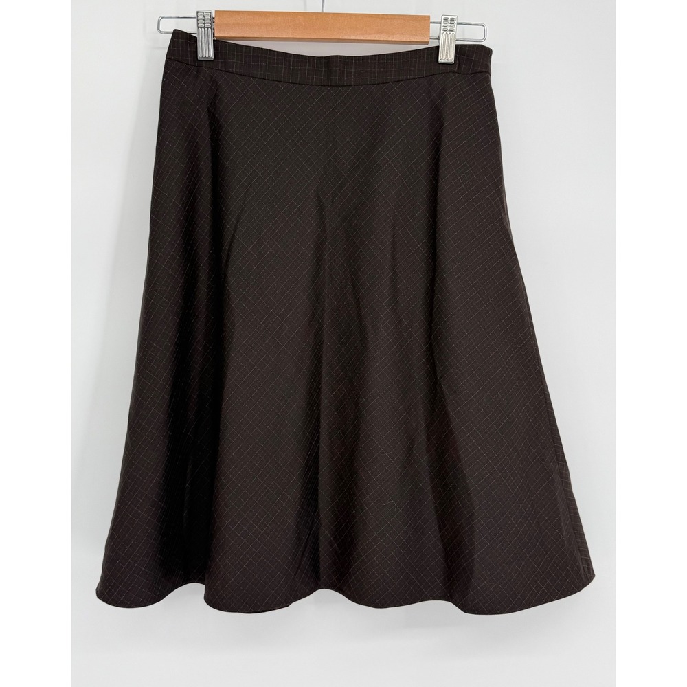 Ann Taylor Loft Womens Dark Brown Grid Check A-Line Midi Skirt Professional Sz 2